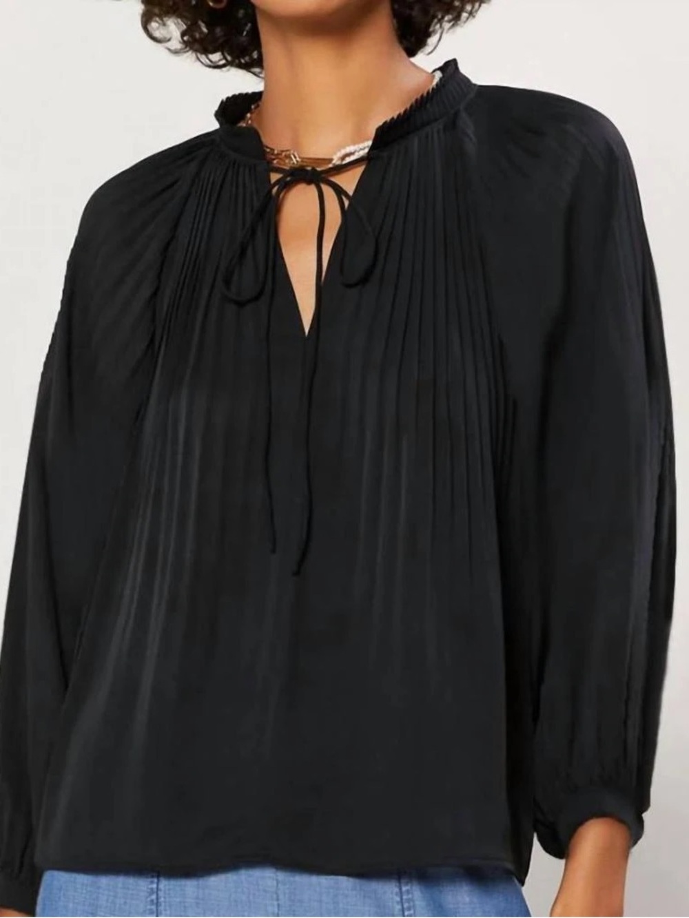 Anthropologie Current Air Black Satin 3/4 Sleeve Pleated Tie Neck Blouse Top